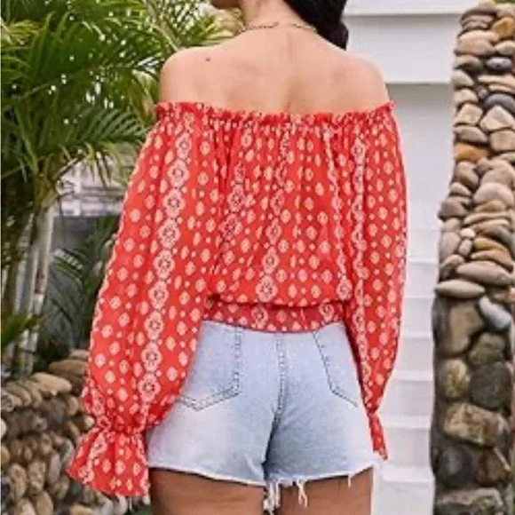 Off The Shoulder Long Sleeve Casual Summer Printed Tunic Shirt Blouse Top Red XL - Picture 3 of 11
